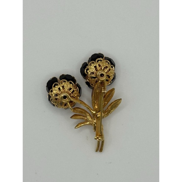 Vintage Black Crystal Gold Tone Flower Bouquet Brooch - Picture 2 of 11